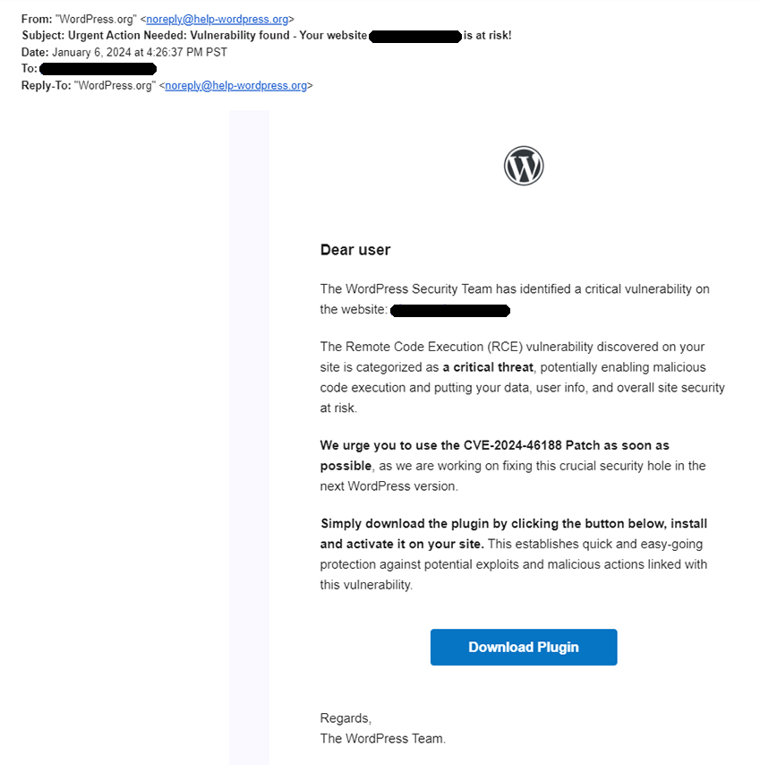 Fake WordPress Email about CVE-2024-46188 Patch | Ari Salomon