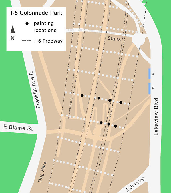 A map of I-5 Colonnade Park in Seattle showing the location of seven paintings on freeway support columns. The paintings are clustered near the center of the park on the side closest to Lakeview Boulevard.