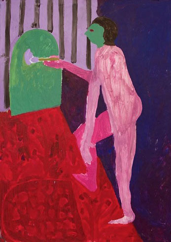a painting of two people: one is sitting on a box playing a pan pipe, the other is leaning on a pedestal, listening to the music and wearing a laurel leaf crown.